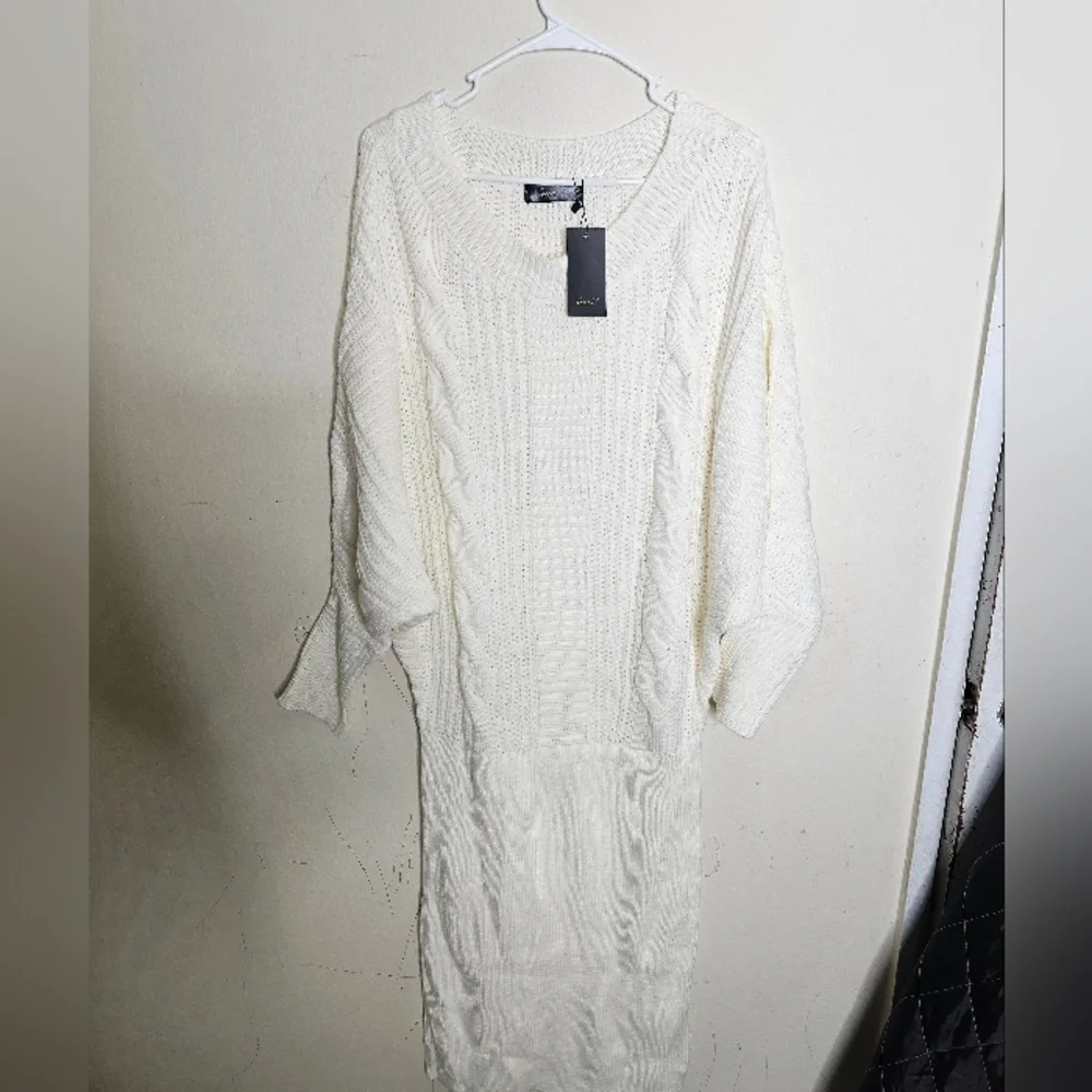 Allegra K Women's Long Batwing Sleeve Sweater Dress Cable Knit Chunky Pullover D